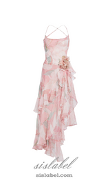 ZORA PINK FLORAL-PRINT RUFFLED SILK MIDI DRESS