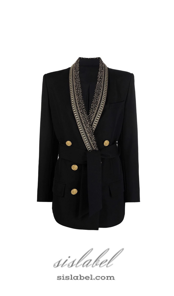 GAIL BEADED COLLAR LACE-UP DOUBLE BREASTED DRESSY BLAZER