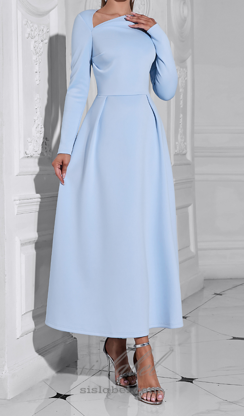 long sleeve satin a-line maxi dress in blue