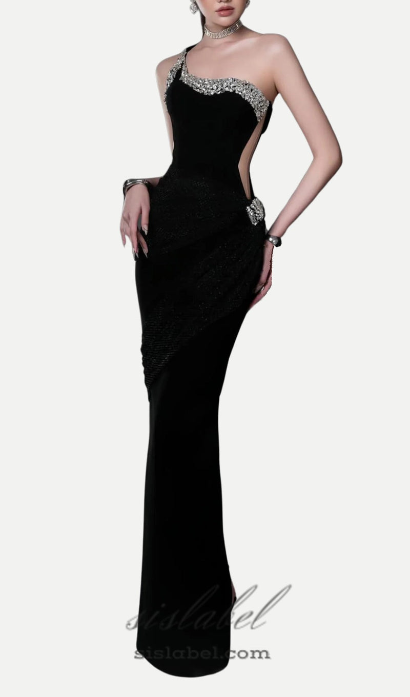 black one-shoulder diamonds bandage maxi dress