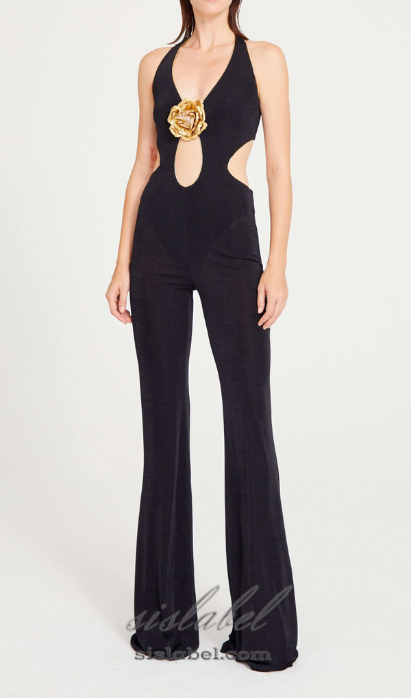 CHRISTINE BLACK JUMPSUIT WITH GOLD FLOWER DETAILS