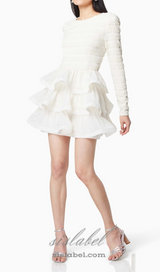 Ruffle trim Long Sleeved Mini Dress in white