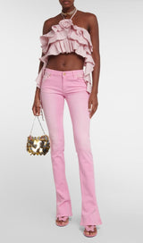 RUFFLE-DETAIL HALTER CROP TOP IN PINK