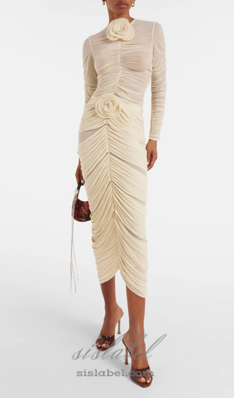 Floral-appliqué ruched skirt set in beige