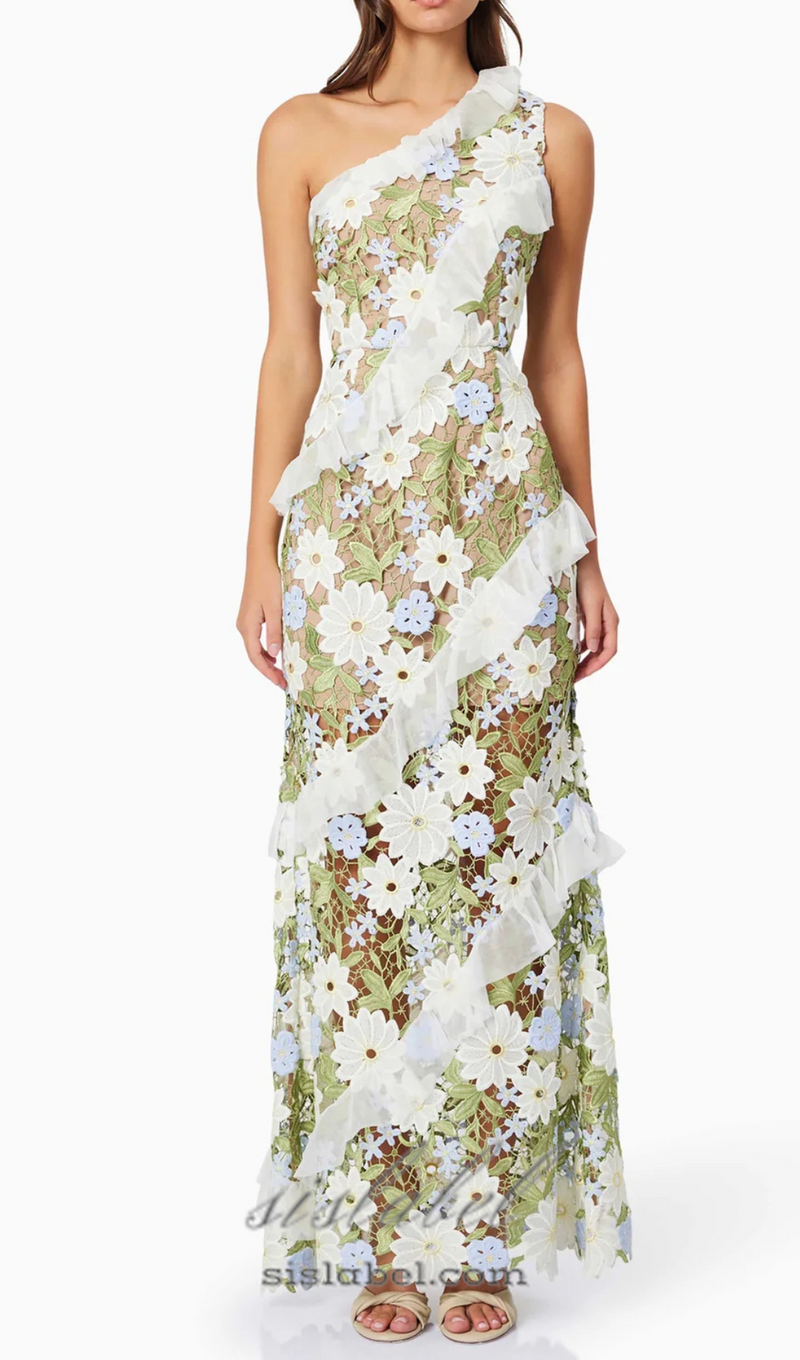 Floral One Shoulder Lace Maxi Dress in Green