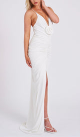 FLOWER-EMBELLISHED  PLUNGE MAXI DRESS IN WHITE