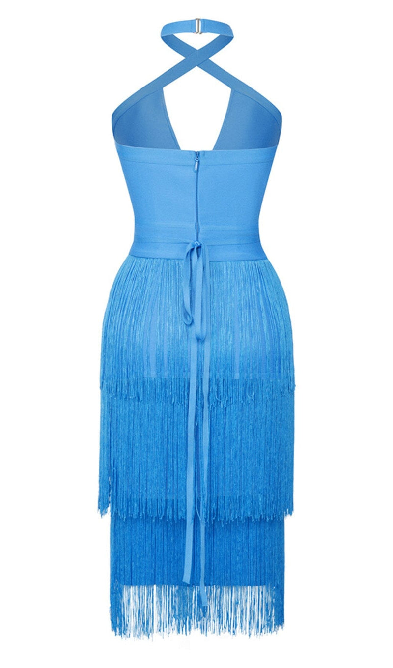 TASSEL HALTER BANAGE MIDI DRESS IN PURE BLUE