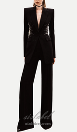 black Beaded diamond-encrusted blazer trousers set