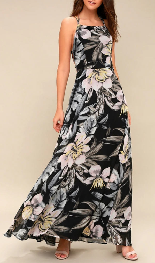 Black Floral Print Lace-Up Maxi Dress