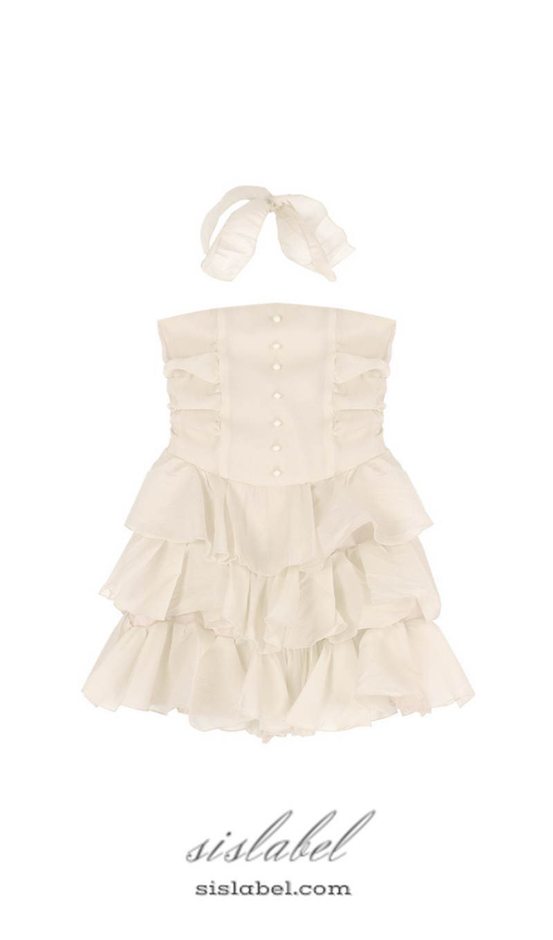 JANICE STRAPLESS RUFFLE MINI CHIFFON DRESS IN BEIGE