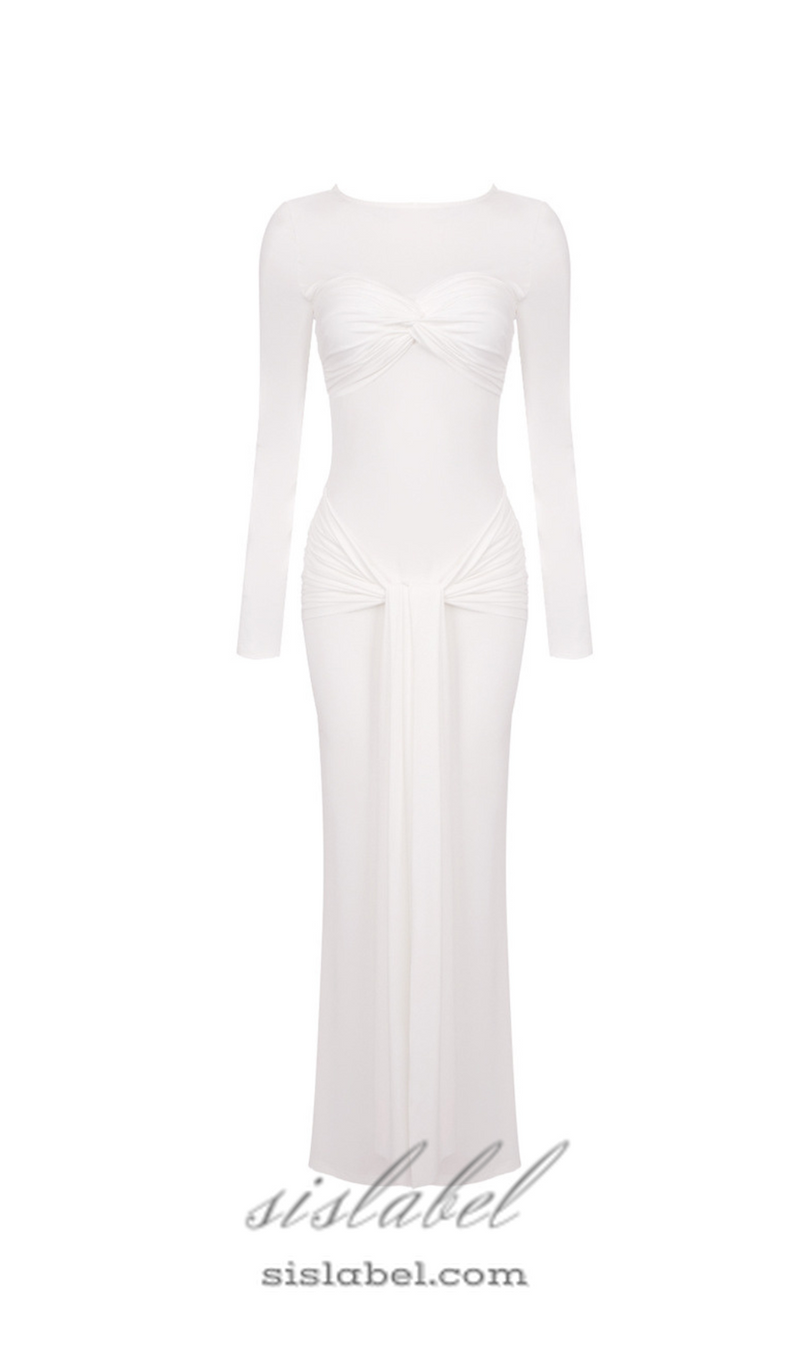 Round neck ribbon knot maxi dress in white