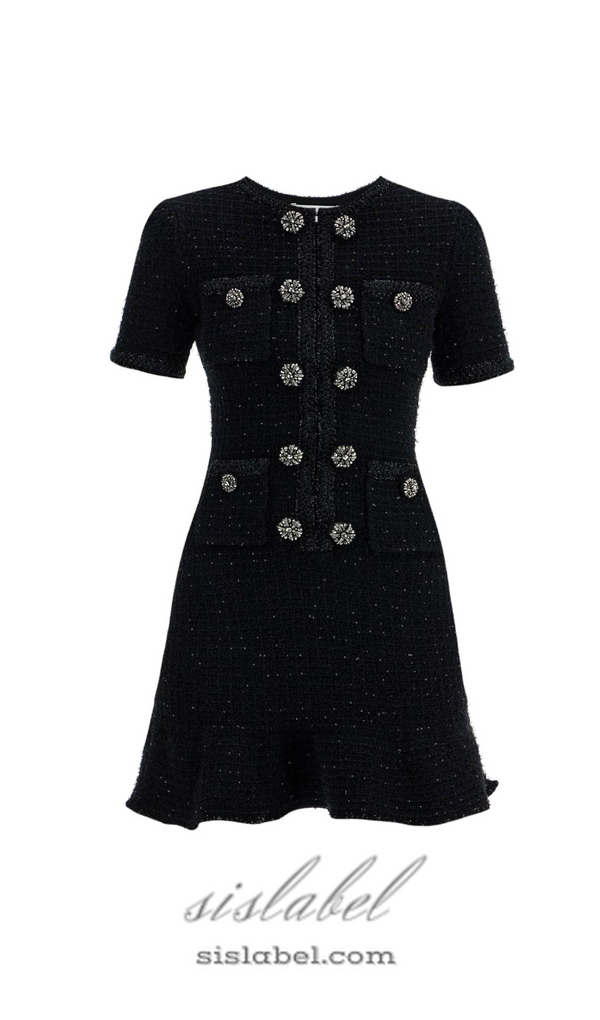 BEVERLY PLEATED METALLIC-WEAVE KNITTED MINI DRESS IN BLACK