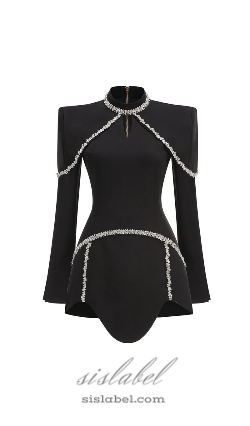 diamond chain embellished trumpet sleeve mini dress in black