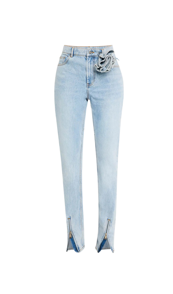 Quinta Floral Zip-Hem Skinny Jeans in pale blue