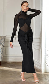 SHEER RUCHED MAXI DRESS IN BLACK