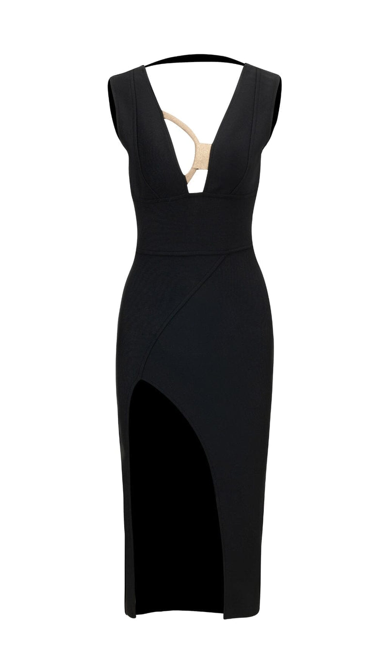 PLUNGE V-NECK MIDI DRESS IN BLACK