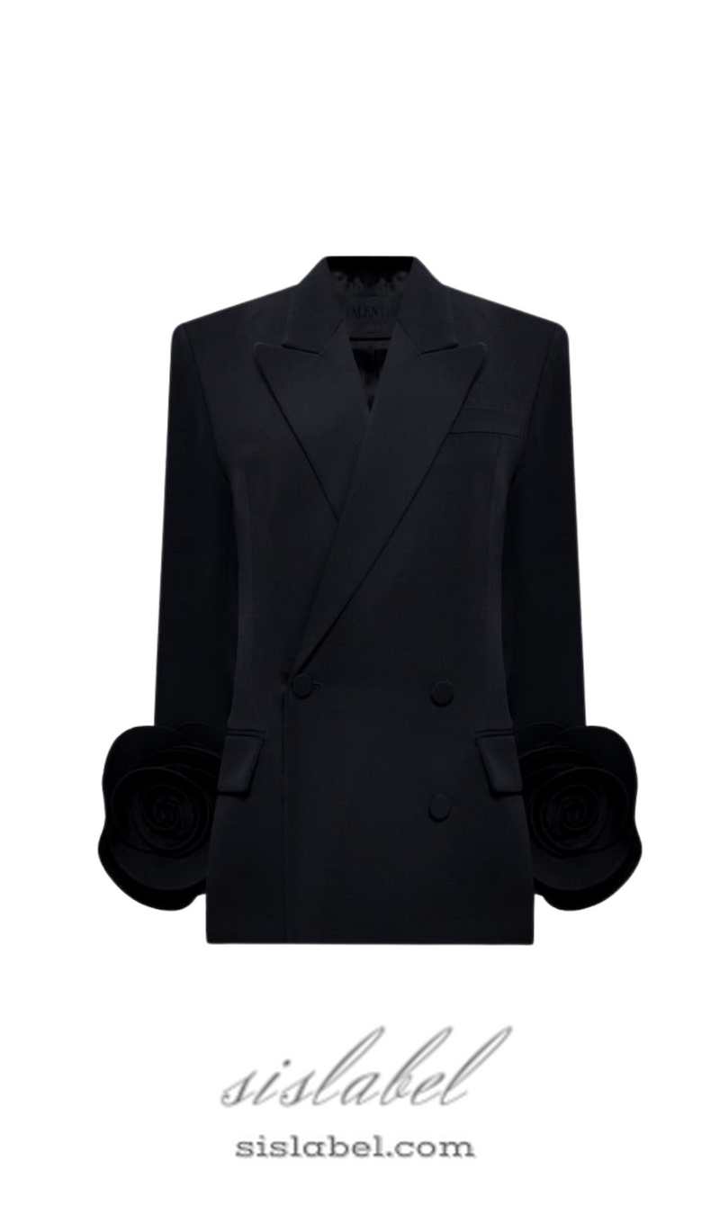 BELLA BLACK DOUBLE-BREASTED WOOL JACKET WITH FLORAL APPLIQUÉ