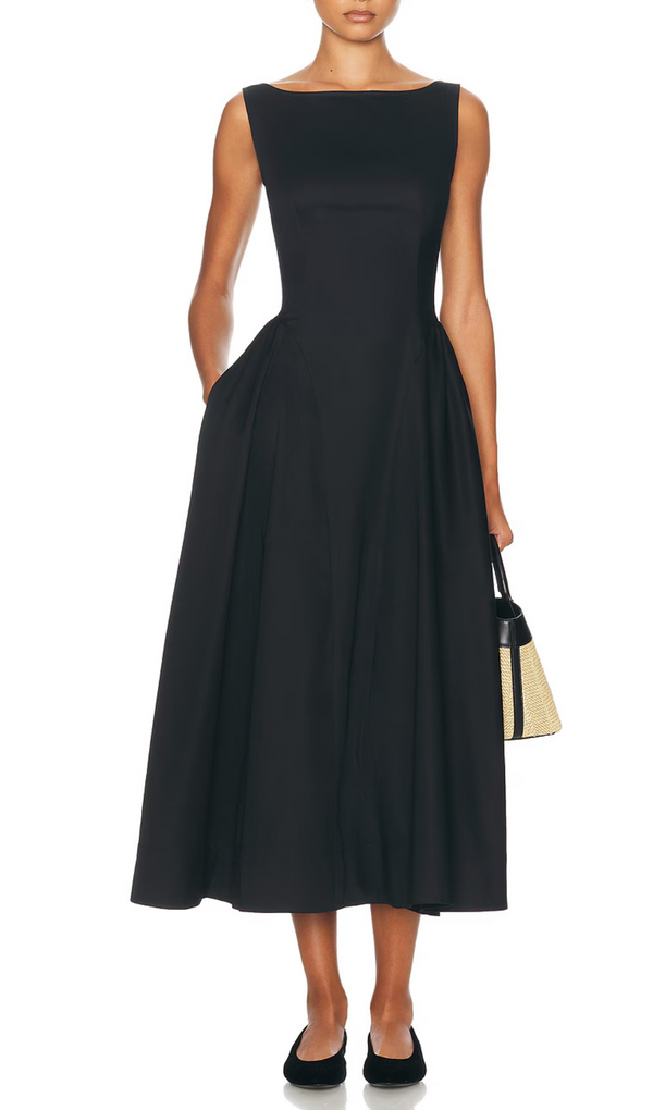 Stretch Cotton Sateen Midi Dress in black