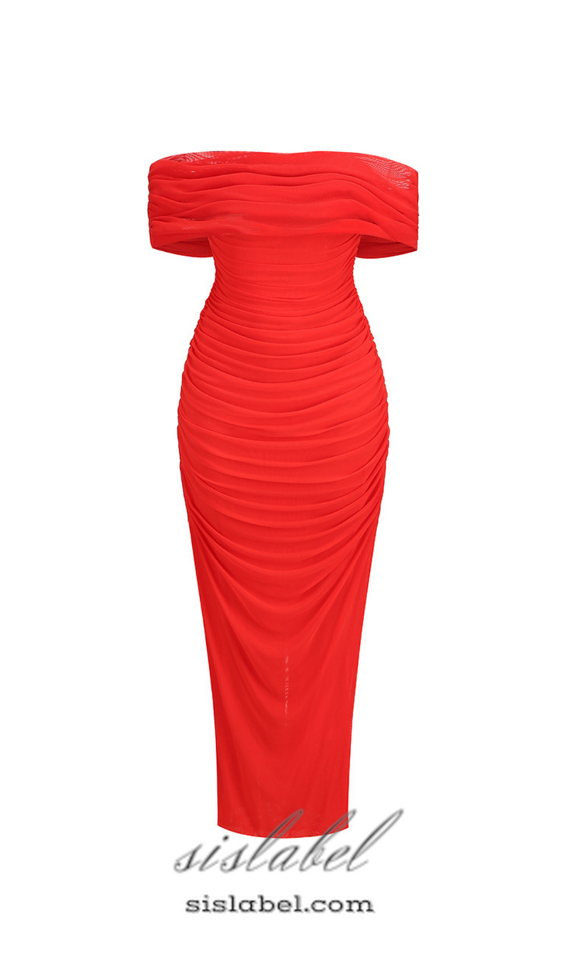 SHERRY OFF-SHOULDER TULLE BANDAGE MAXI DRESS IN RED