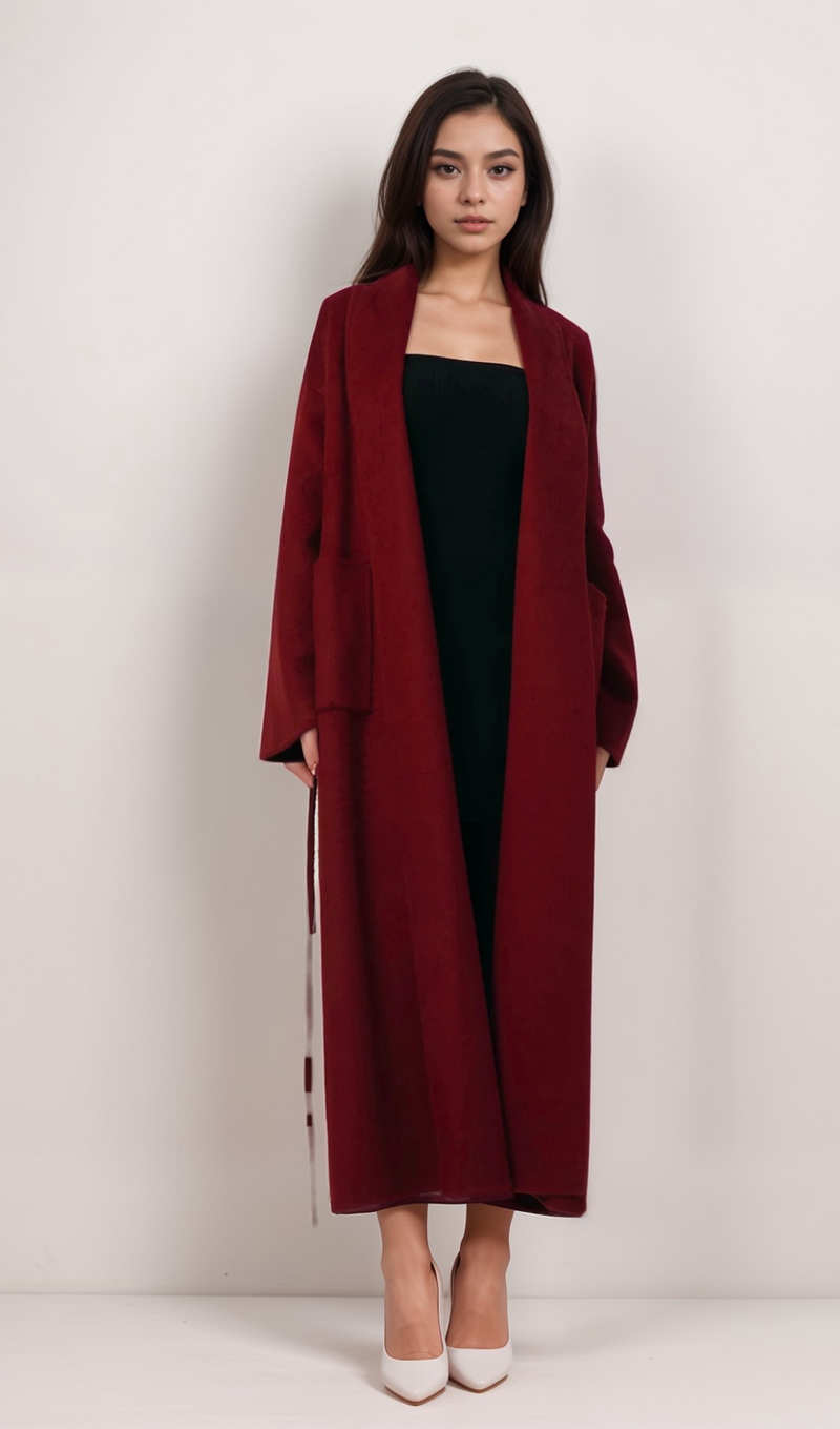 Luxurious Deep Red Belted Wool Coat with Oversized Fit