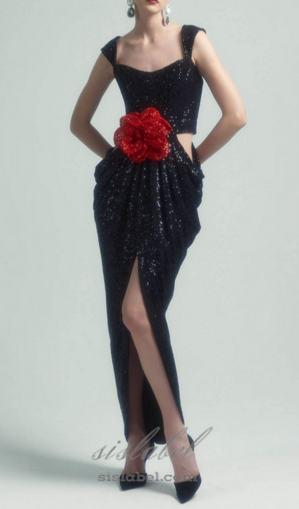 Midnight Bloom 3D Rose Maxi Dress