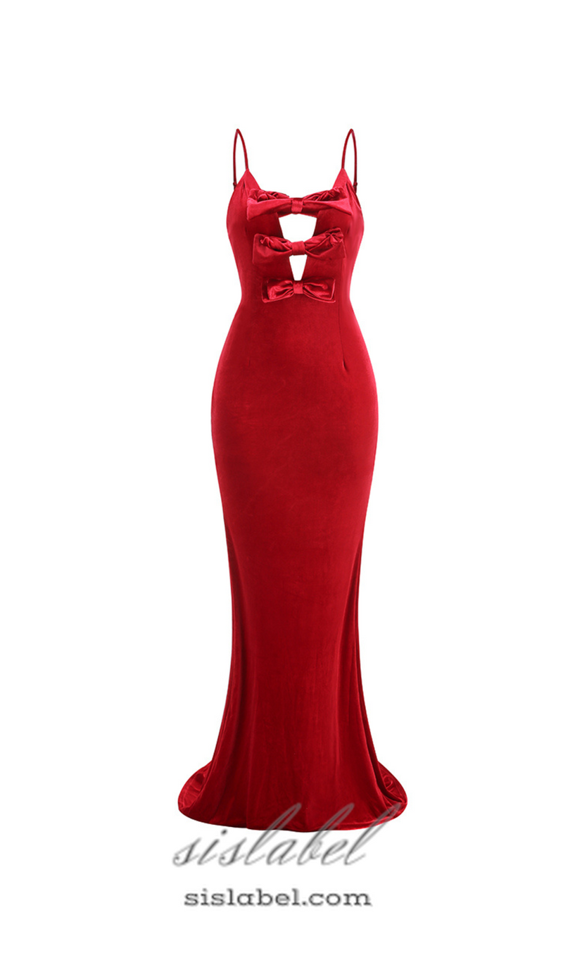 HILDA BOW-EMBELLISHED VELVET GOWN IN RED