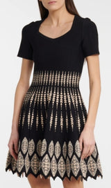 ELEANORE BLACK GEOMETRIC JACQUARD FLARE MINI DRESS