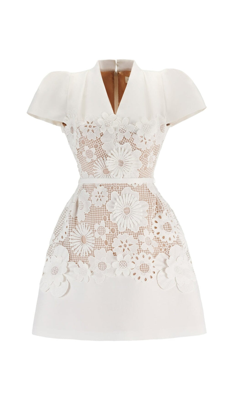 LACE HOLLOW OUT FLOWER MINI DRESS IN WHITE