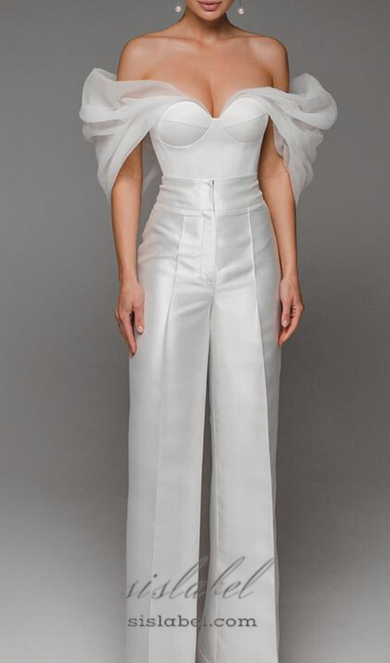 ANILA WHITE TULLE SLEEVE OFF-SHOULDER CORSET JUMPSUIT