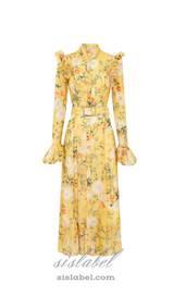 Daisy Print Butterfly Sleeve Midi Dress in yellow