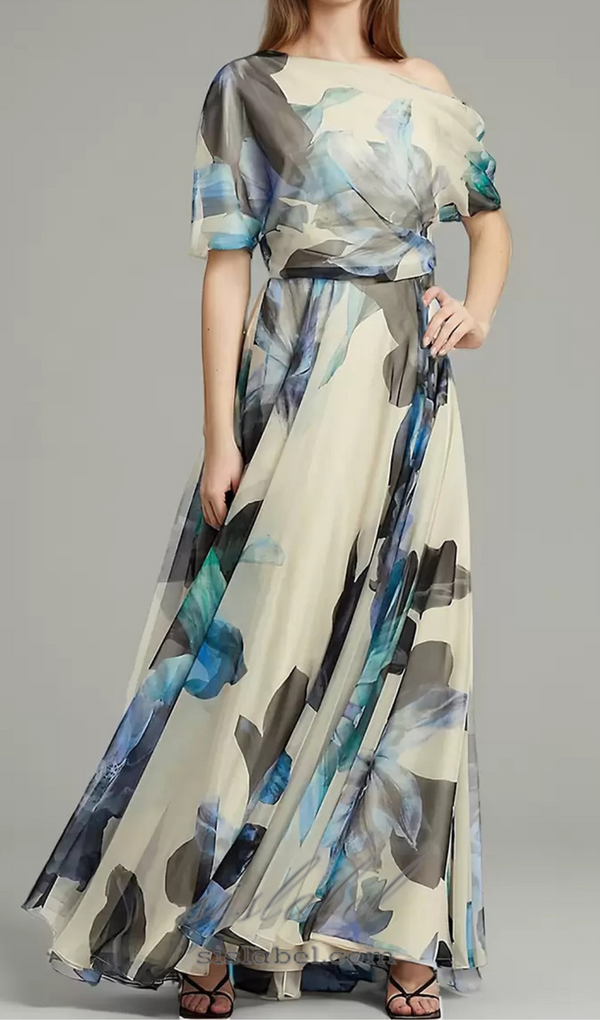 SANDRA MULTICOLOR ONE SHOULDER IRREGULAR CHIFFON MAXI DRESS