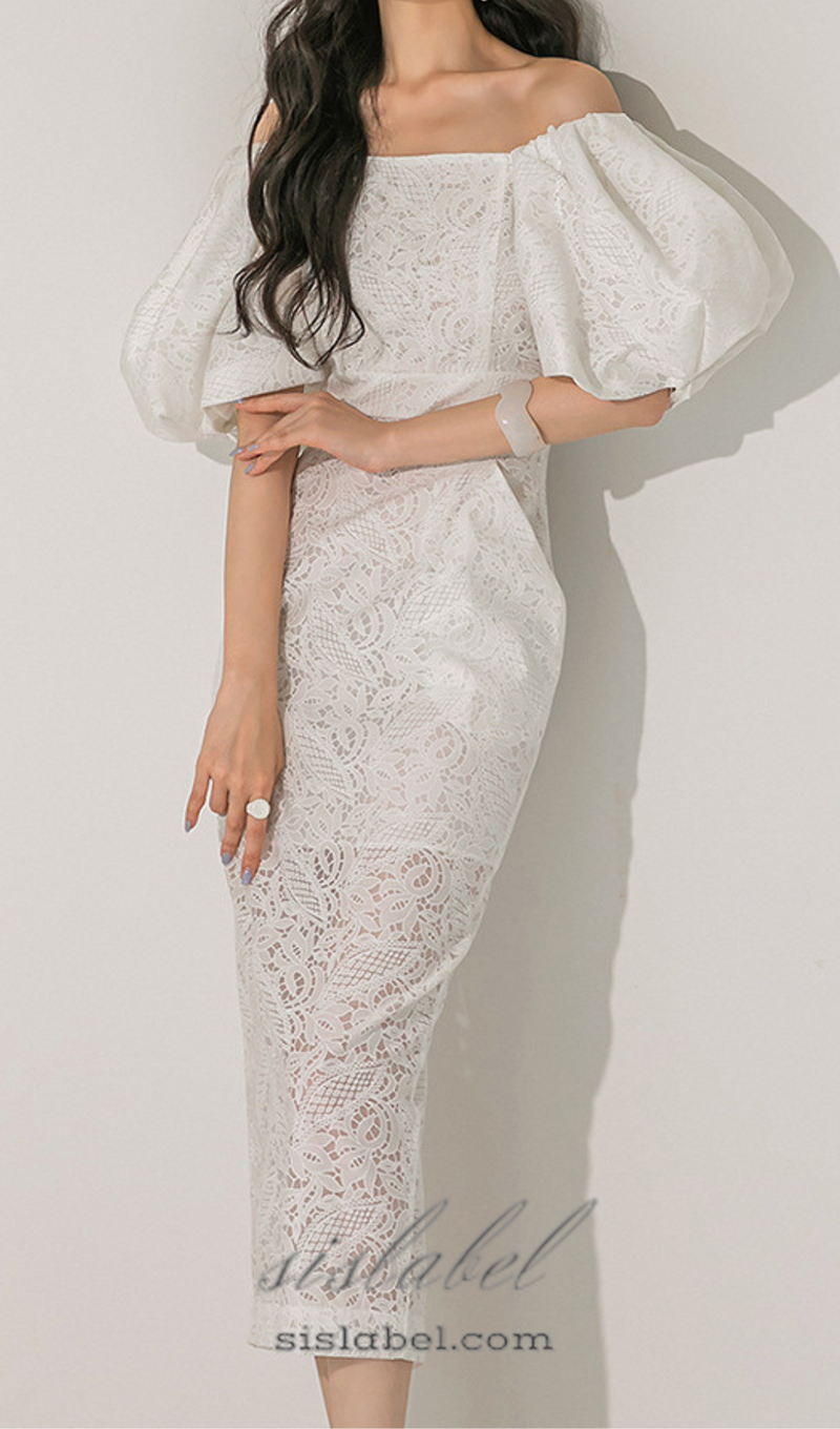 NATALIE PUFF SLEEVE OFF SHOULDER WHITE LACE MIDI DRESS