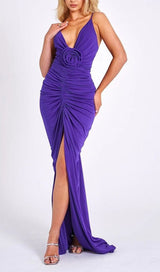 FLOWER-EMBELLISHED  PLUNGE MAXI DRESS IN AMETHYST