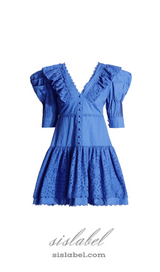 BLUE V-NECK EMBROIDERED RUFFLED MINI DRESS