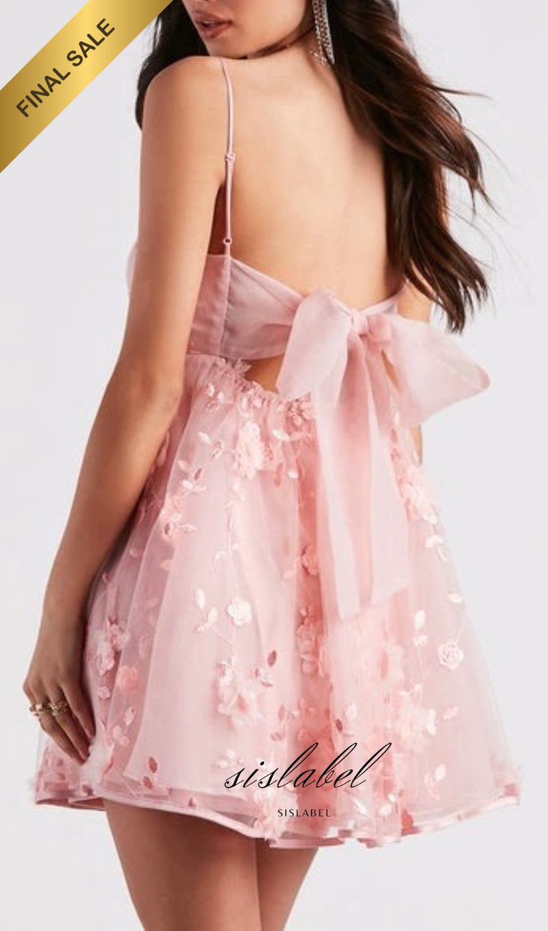 PINK LACE FLOWER MINI DRESS WITH BOW BACK