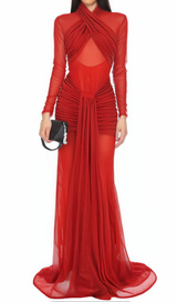 Slinky Mesh Long Sleeve Maxi Dress in Ruby