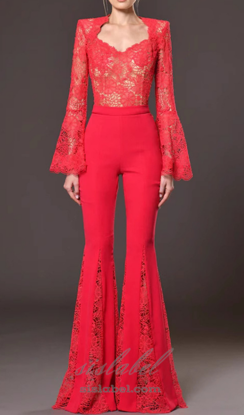 lace-embellished trumpet sleeve jumpsuits in red