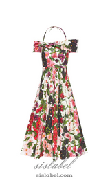 MULTICOLOR OFF-SHOULDER PLEATED FLORAL-PRINT COTTON-BLEND POPLIN DRESS