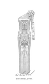 Floral-appliqué sequin gown in silver