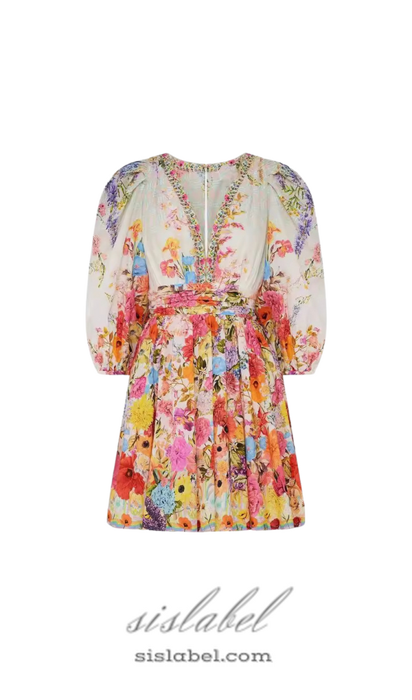 PUFF SLEEVE PRINT SILK MINI DRESS