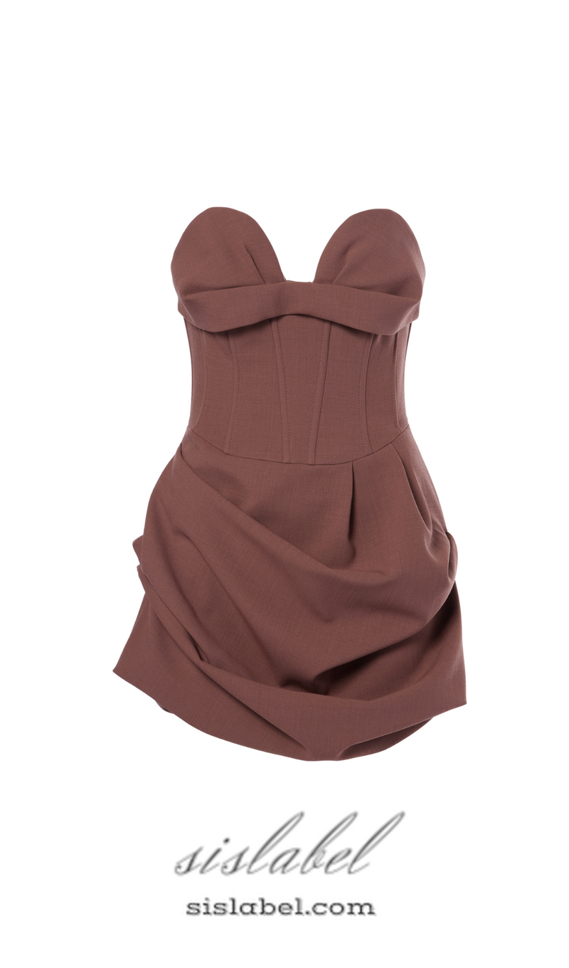 GRISELDA DRAPED WOOL-BLEND BUSTIER MINI DRESS IN BROWN