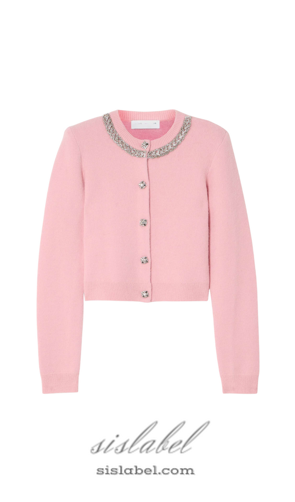 Rhinestone-embellishment padded-shoulders knitted cardigan in pink