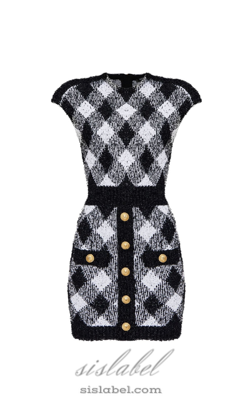 button-embellished plaid texture mini dress