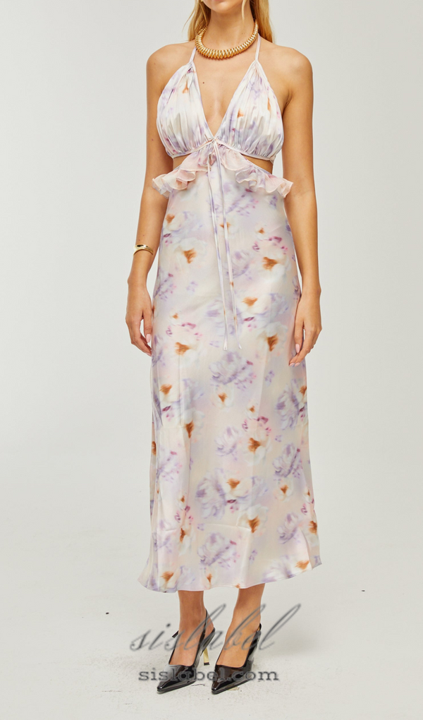 AGATHE DEEP V-NECK FLORAL-PRINT MIDI DRESS