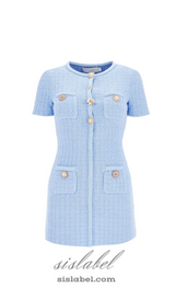 MODESTY BEADED BUTTON KNIT MINI DRESS IN BLUE