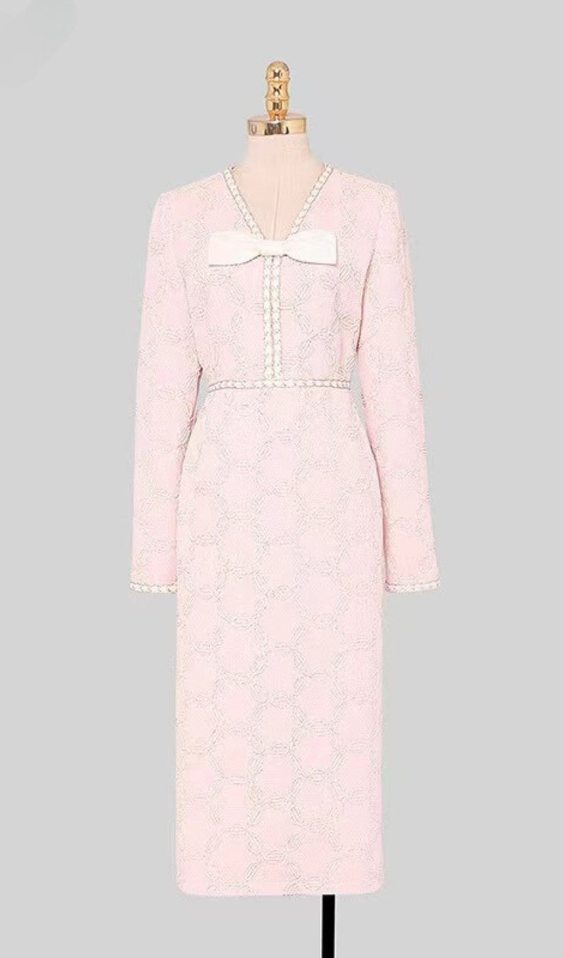 ROBE MIDI BRODÉE À COL EN V ET NŒUD 