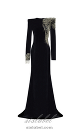 embroidered velvet maxi dress in black