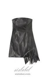 black Asymmetric fringed hem strapless leather skirt