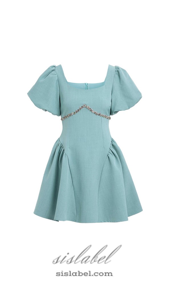 PUFF SLEEVES WAIST-TIGHTENING MINI DRESS IN GREEN