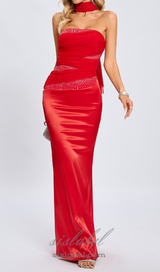 sequin embellished strapless bodycon maxi dress in red